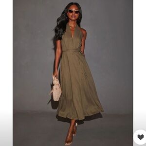 Vici Olive Green Halter Midi Dress